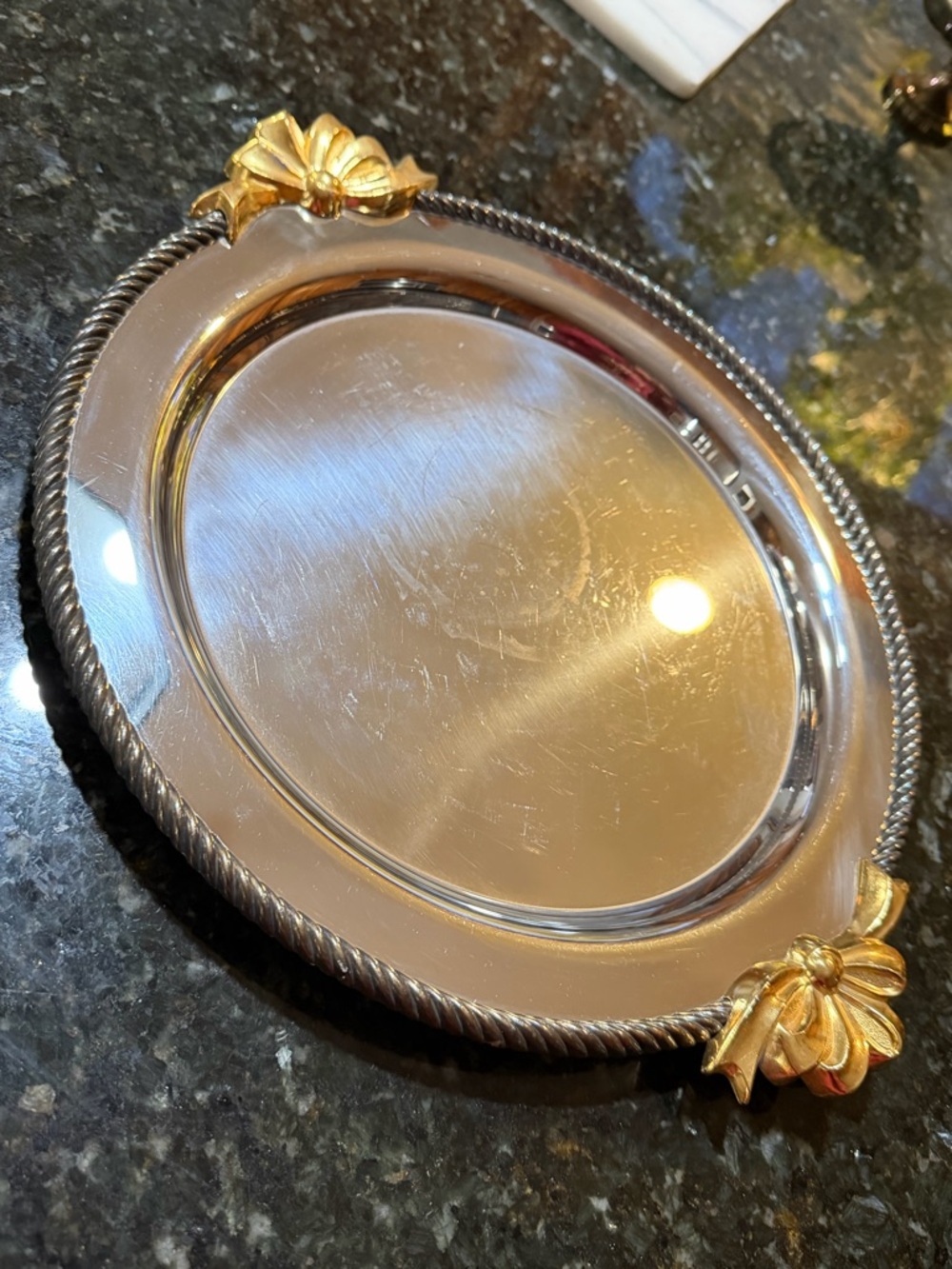 Vintage Oneida Silver Gold Bow Decorative Tray